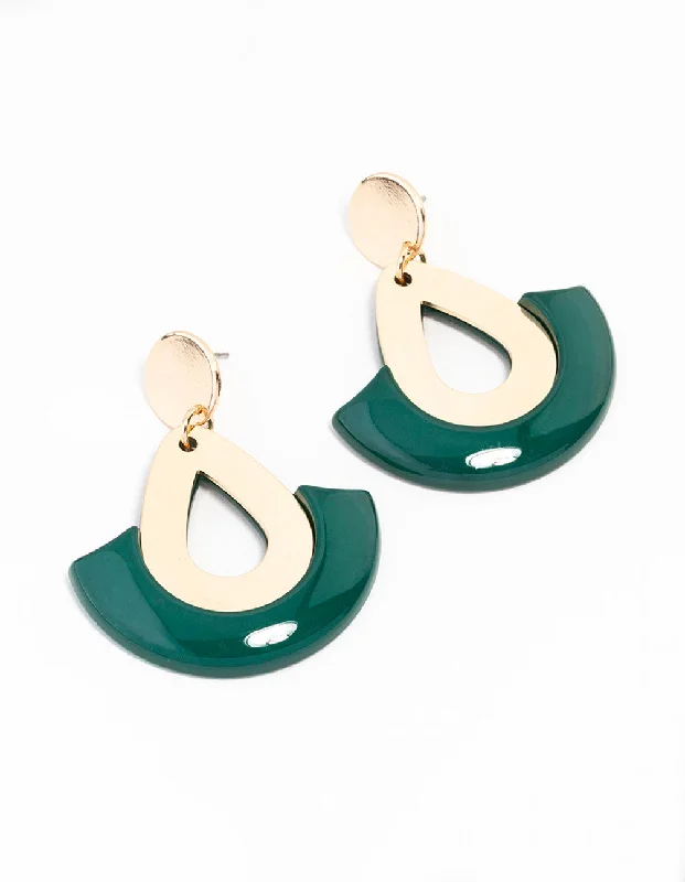 Women’s gold drop earrings-Green Gold Acrylic Disc And Lantern Drop Earrings