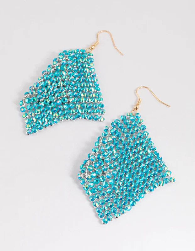 Large hoop earrings for women-Blue Diamante Chainmail Drop Earrings