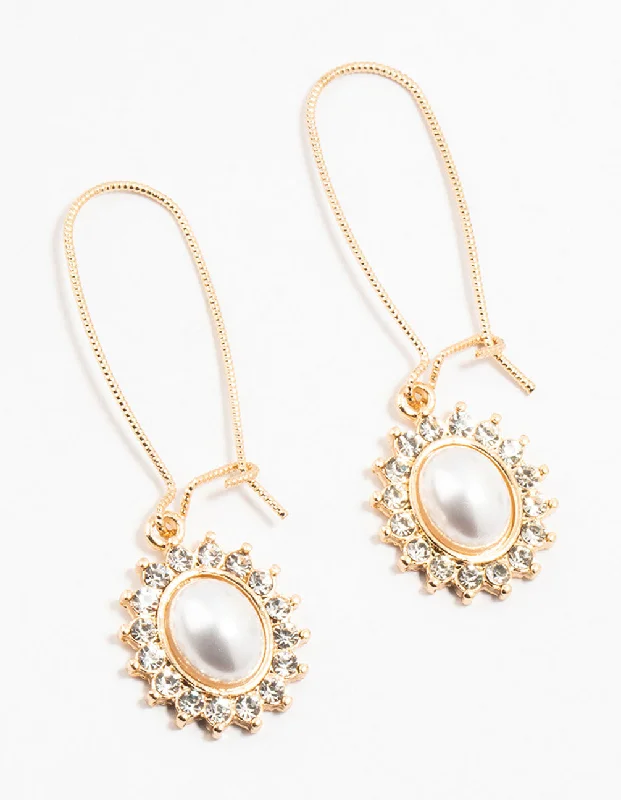 Women’s classic diamond earrings-Gold Pearl & Flower Fish Hook Hoop Earrings