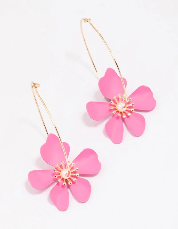 Vintage-inspired earrings for women-Pink Wire Flower Hoop Earrings