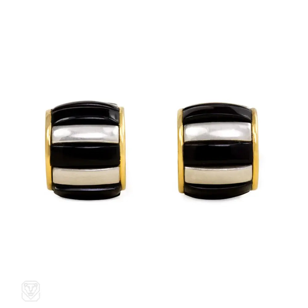 Personalized earrings for women-Two-color gold and onyx hoop earrings, Cartier