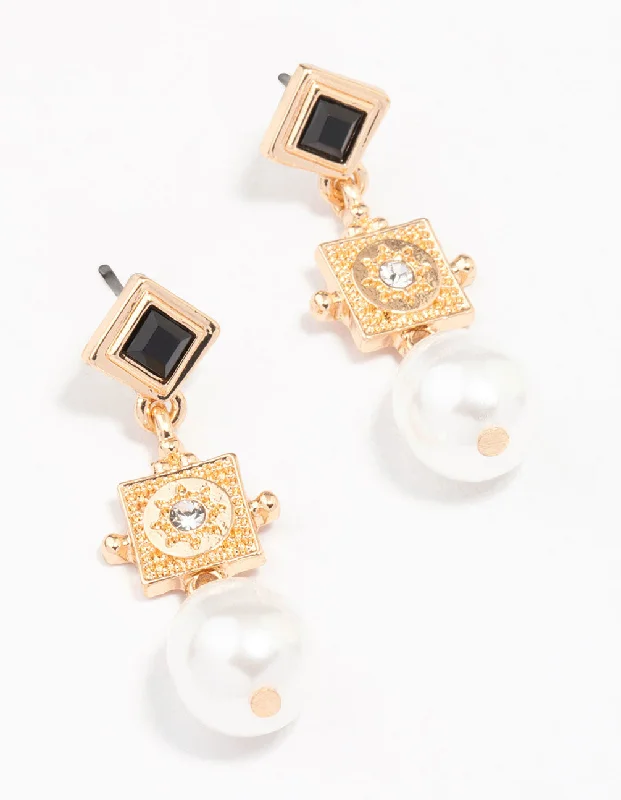 Women’s dangling diamond earrings-Gold Diamante Square Pearl Drop Earrings