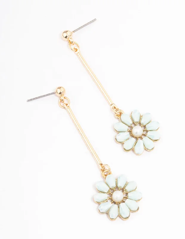 Custom-made earrings for women-Mint Pearl Flower Bar Drop Earrings