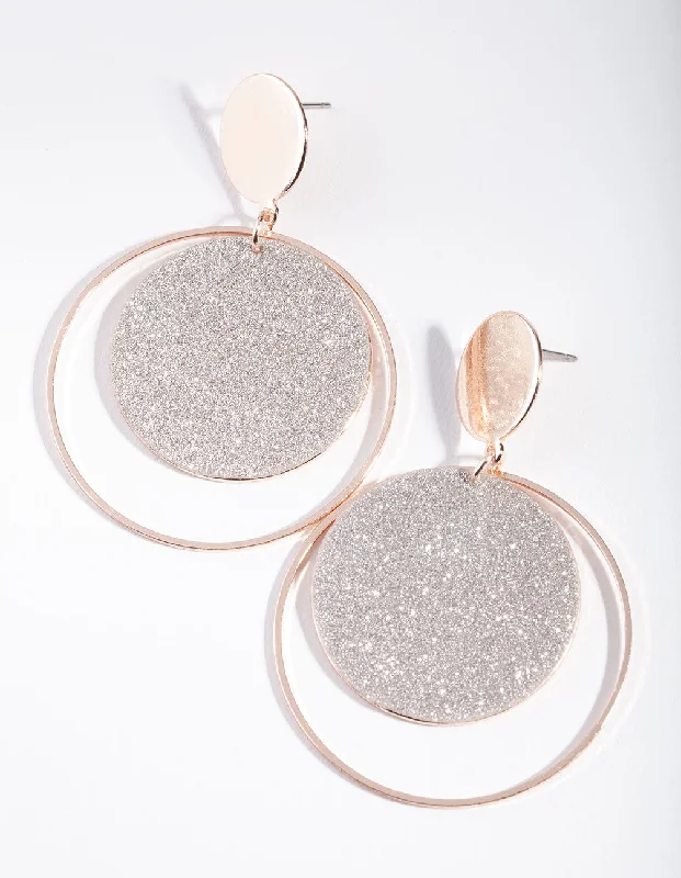 Elegant drop earrings for women-Rose Gold Glitter Double Circle Earrings