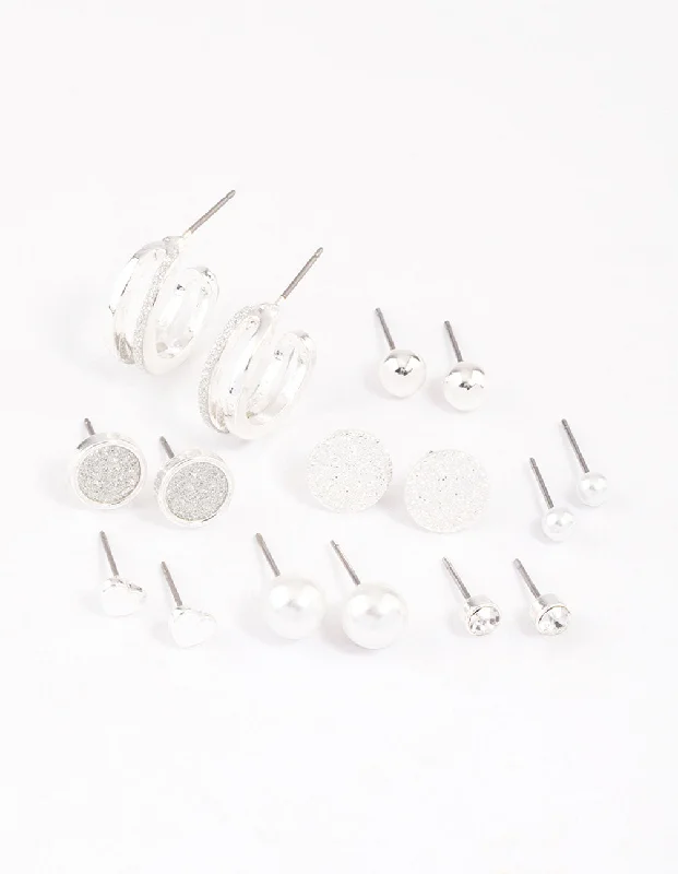 Women’s flower earrings-Silver Glitter Paper Mixed Earrings 8-Pack