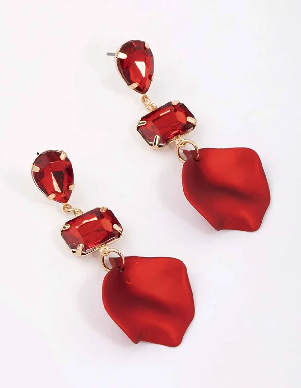 Trendy earrings for women-Red Pear & Rectangle Diamante Petal Drop Earrings