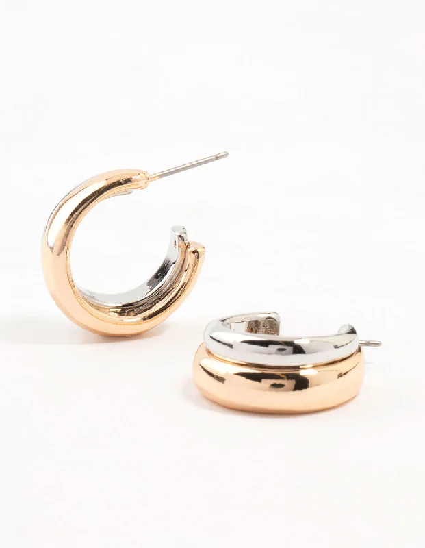 Women’s clip-on diamond earrings-Mixed Metals Gold & Silver Plated Multiple Layer Hoop Earrings