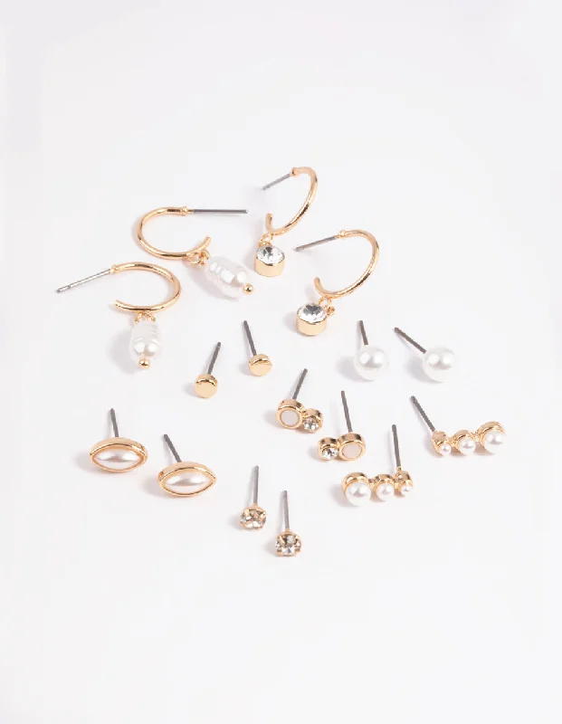 Women’s huggie earrings-Gold Mixed Pearl Stud & Huggie Hoop Earring 8-Pack