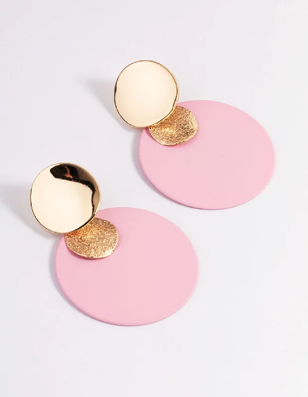 Women’s huggie earrings-Pink Circle Disc Drop Earrings