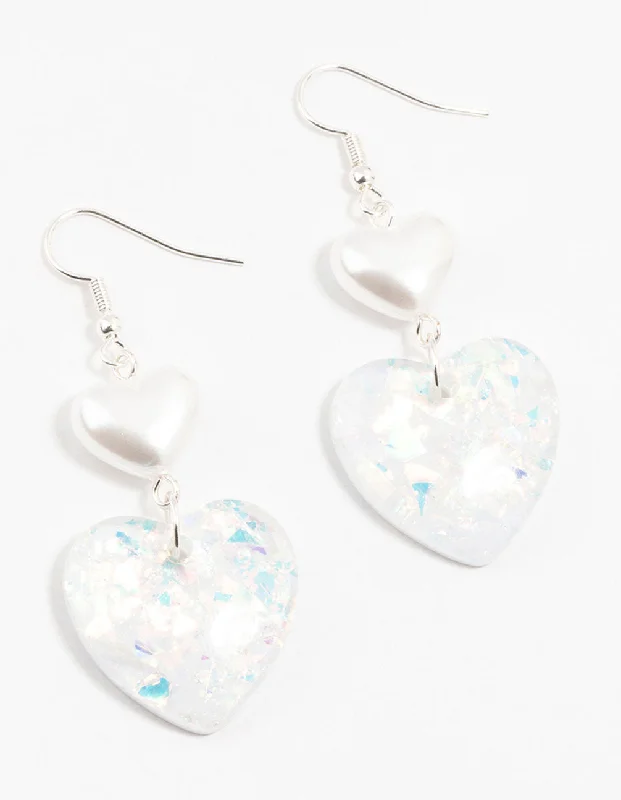 Women’s gemstone stud earrings-Acrylic Confetti Pearl Heart Drop Earrings