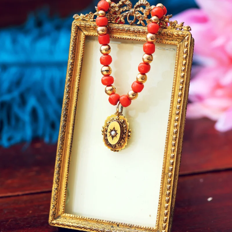 Vintage-style necklaces for women-Antique Etruscan Revival Mediterranean Coral Necklace