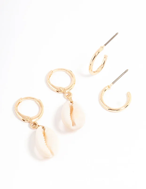 Women’s minimalistic earrings-Gold Cowrie Shell & Hoop Earrings Pack