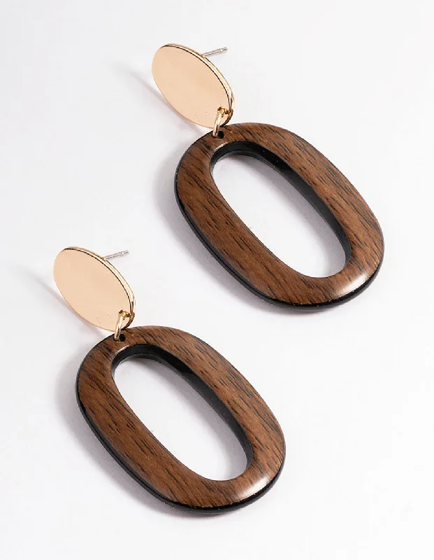 Unique earrings for women-Natural Oval Wood Drop Earrings