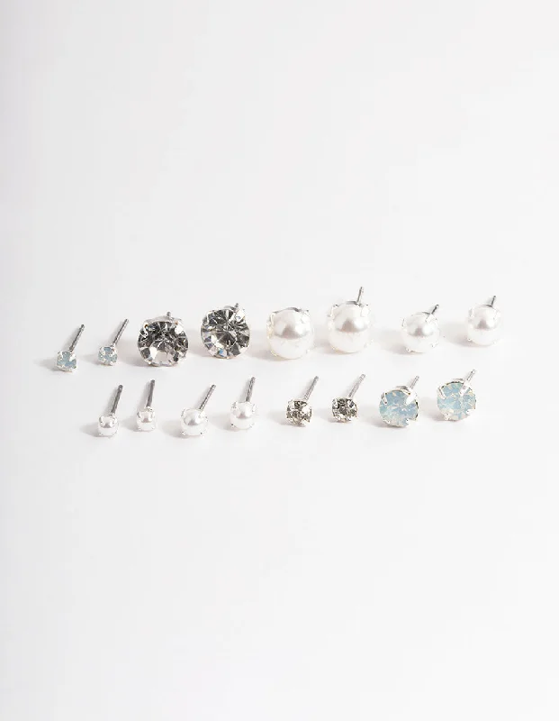 Boho-style earrings for women-Silver Pearl & Diamante Stud Earrings 8-Pack