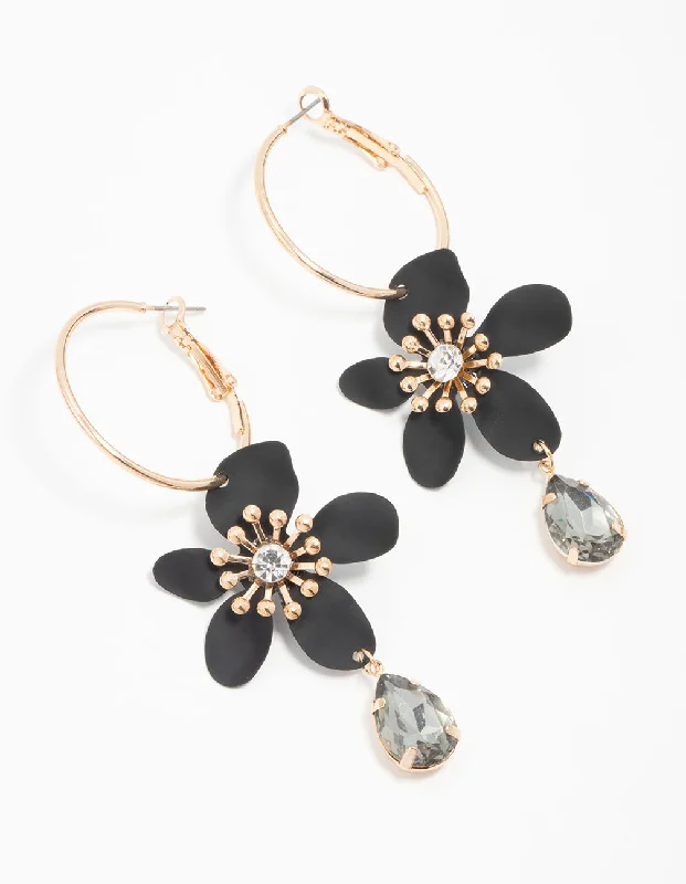 Women’s crystal earrings-Gold Hoop Black Flower Diamante Hoop Earrings