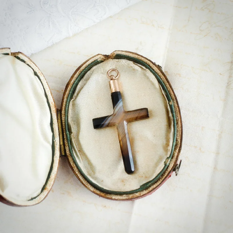 Women’s chunky necklaces-Victorian Scottish Banded Agate Cross Pendant