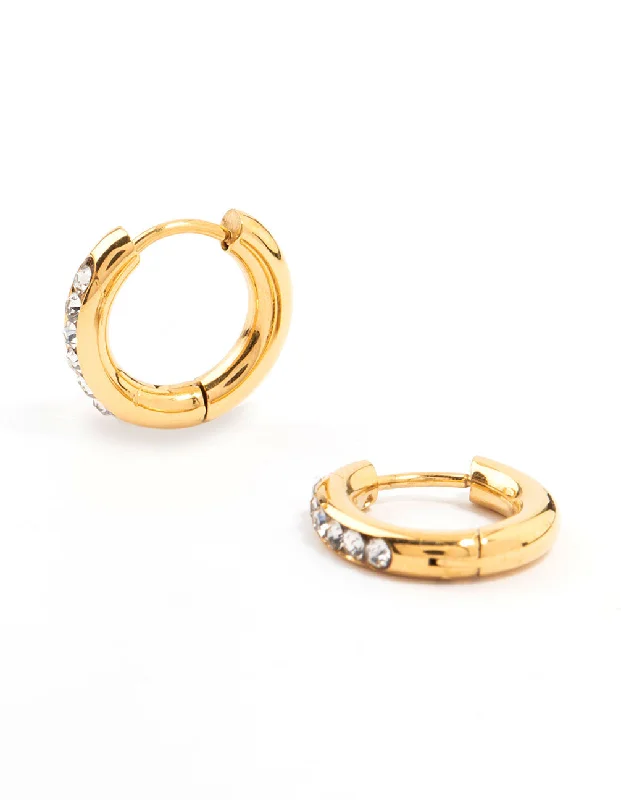 Women’s modern stud earrings-Waterproof Gold Plated Stainless Steel Round Diamante Clicker Hoop Earrings