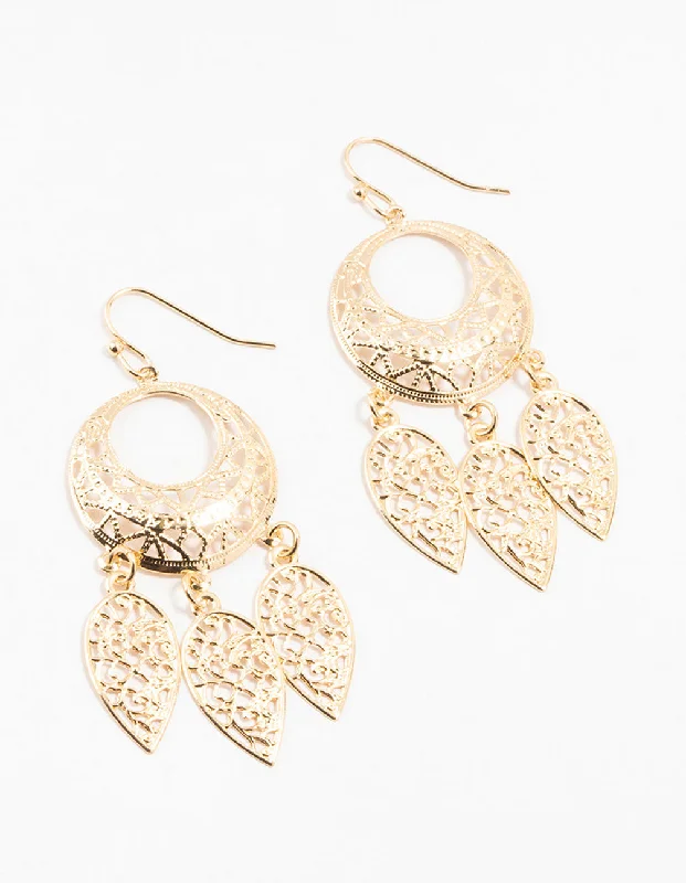 Elegant sapphire earrings for women-Gold Filigree Dreamcatcher Drop Earrings