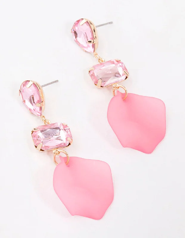 Women’s statement hoop earrings-Pink Pear & Rectangle Diamante Petal Drop Earrings