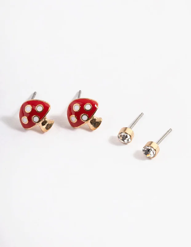 Classic women’s earrings-Gold Diamante & Mushroom Earrings Pack