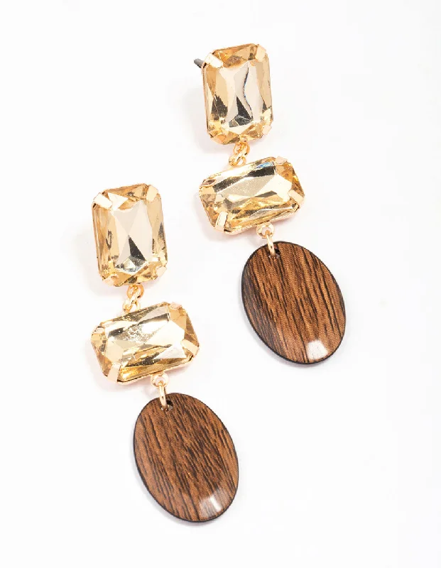 Women’s luxury gemstone earrings-Gold Diamante Rectangle Wooden Drop Earrings