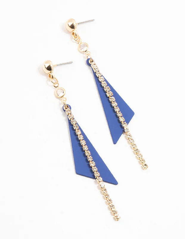 Women’s elegant dangling earrings-Gold & Blue Cup Chain Triangle Drop Earrings