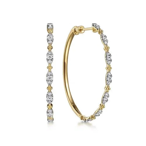 Women’s luxury diamond earrings-14K Yellow Gold 40mm Diamond Station Intricate Hoop Earrings