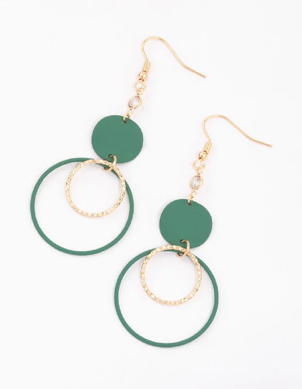 Women’s rose gold stud earrings-Green Disc & Open Circle Drop Earrings