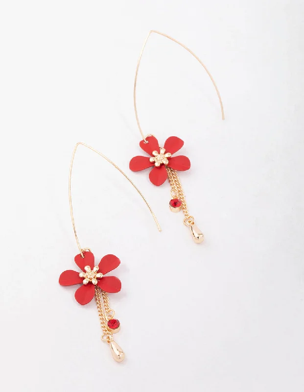 Women’s minimalist drop earrings-Red Thread Through Flower & Diamante Drop Earrings