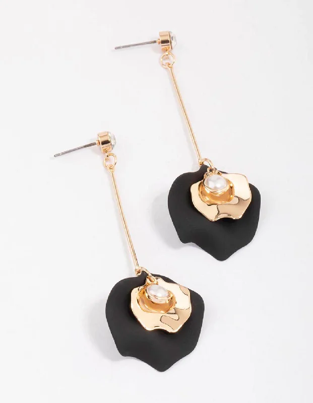 Women’s cubic zirconia earrings-Gold & Black Petal Drop Earrings