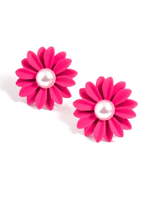 Custom women’s earrings-Fuchsia Daisy with Pearl Stud Earrings