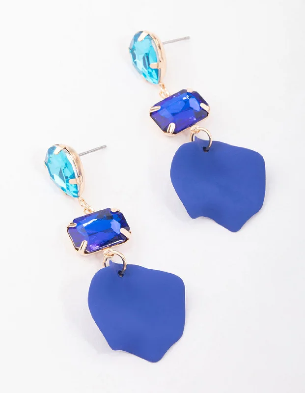 Women’s minimalistic earrings-Blue Pear & Rectangle Diamante Petal Drop Earrings