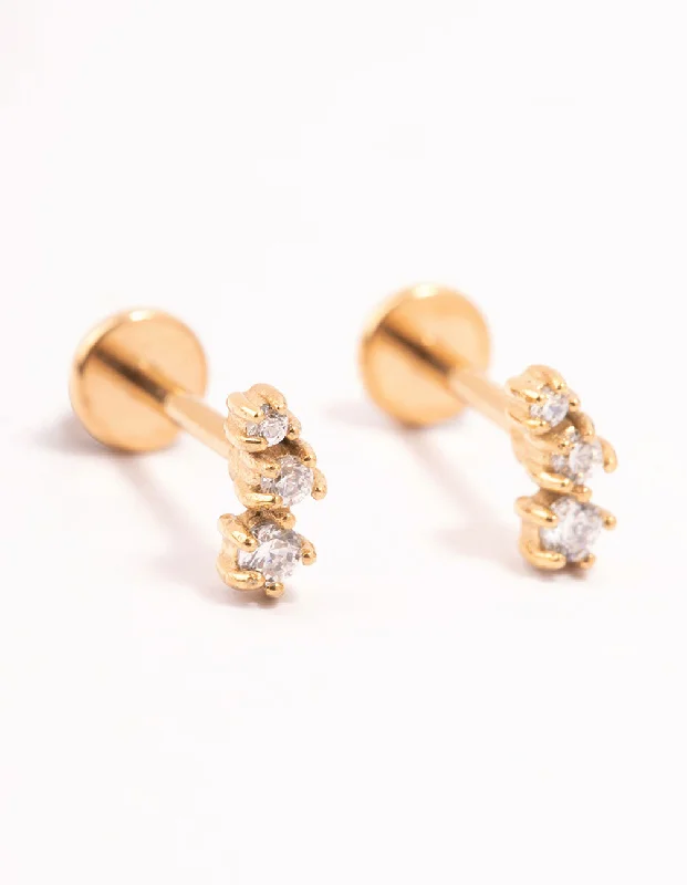 Designer earrings for women-Gold Plated Surgical Steel Trio Cubic Zirconia Flat Backs