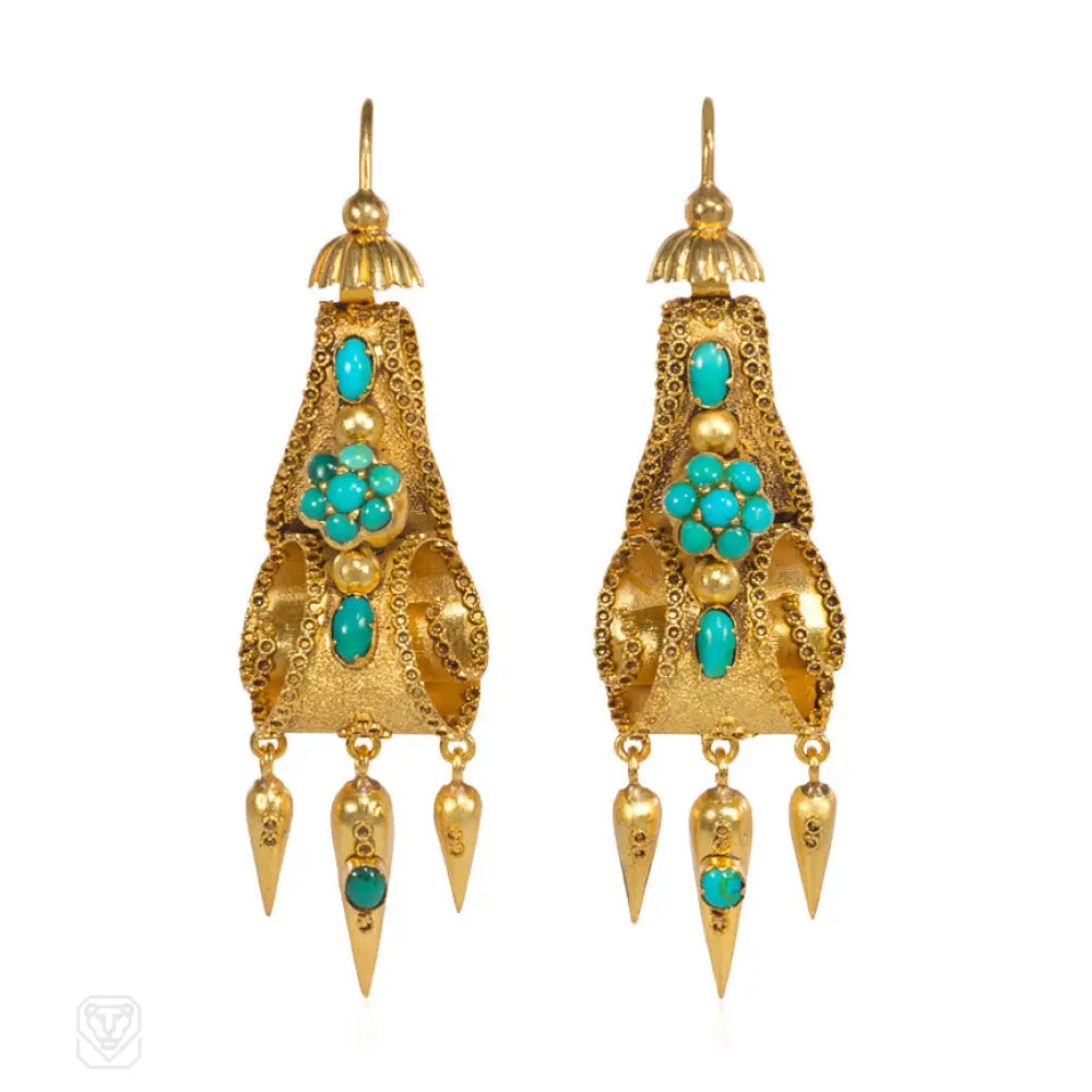 Women’s statement hoop earrings-Antique gold and turquoise earrings of scrolling design