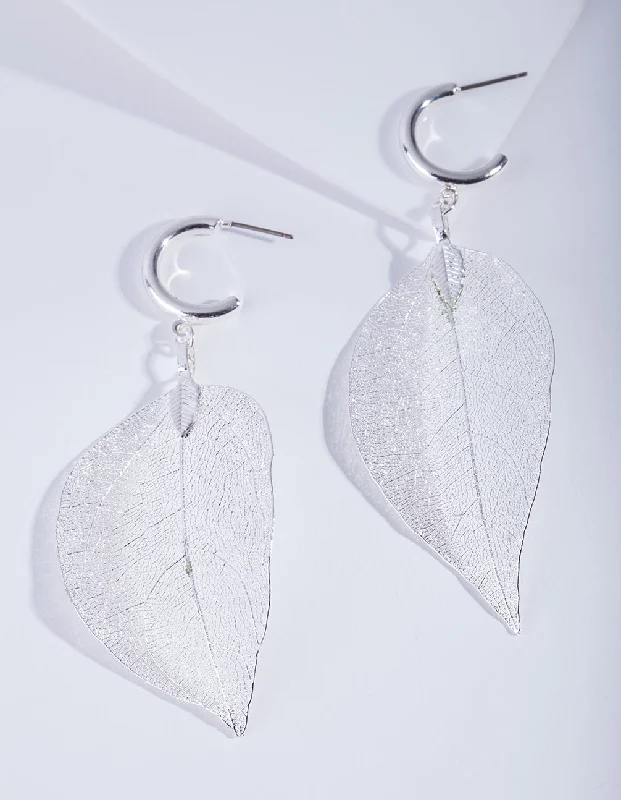 Women’s handmade earrings-Silver Leaf Hoop Earrings