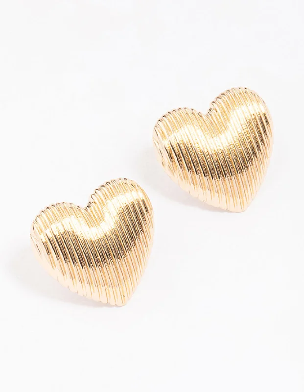 Women’s twisted hoop earrings-Gold Ribbed Heart Stud Earrings