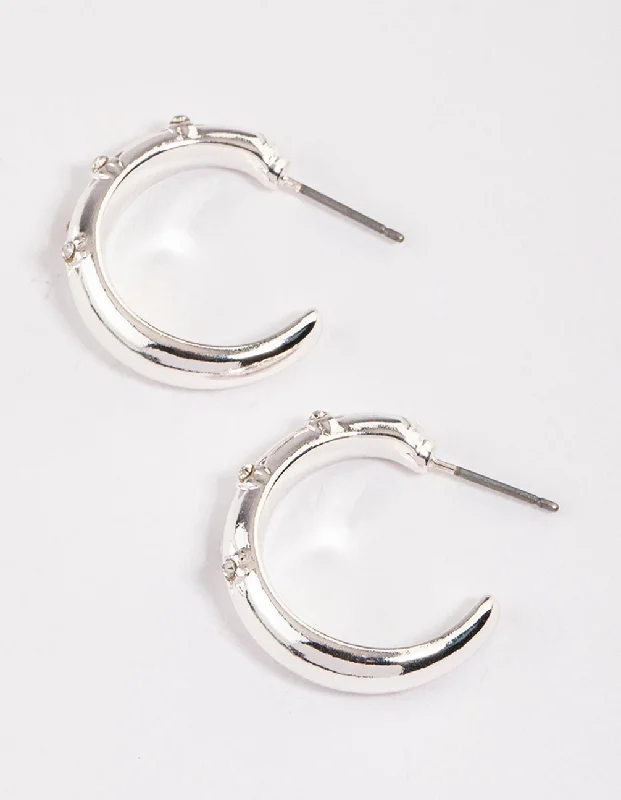 Women’s sterling silver earrings-Silver Diamante Etched Hoop Earrings