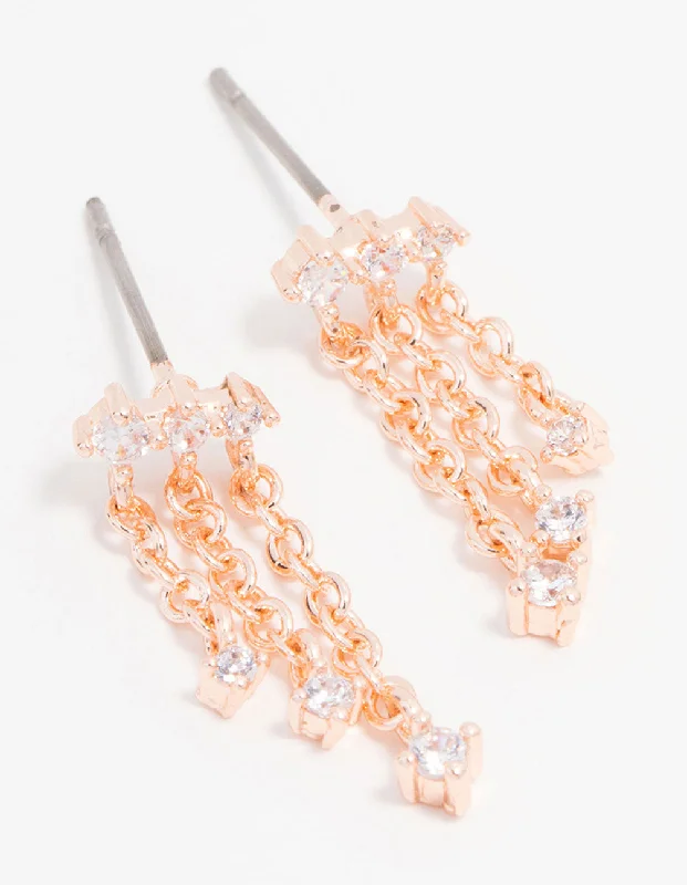 Women’s moonstone earrings-Rose Gold Plated Cubic Zirconia Chain Trio Drop Earrings