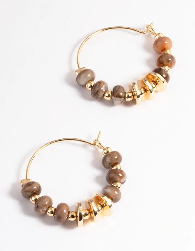 Women’s modern stud earrings-Brown Small Bead & Metal Hoop Earrings