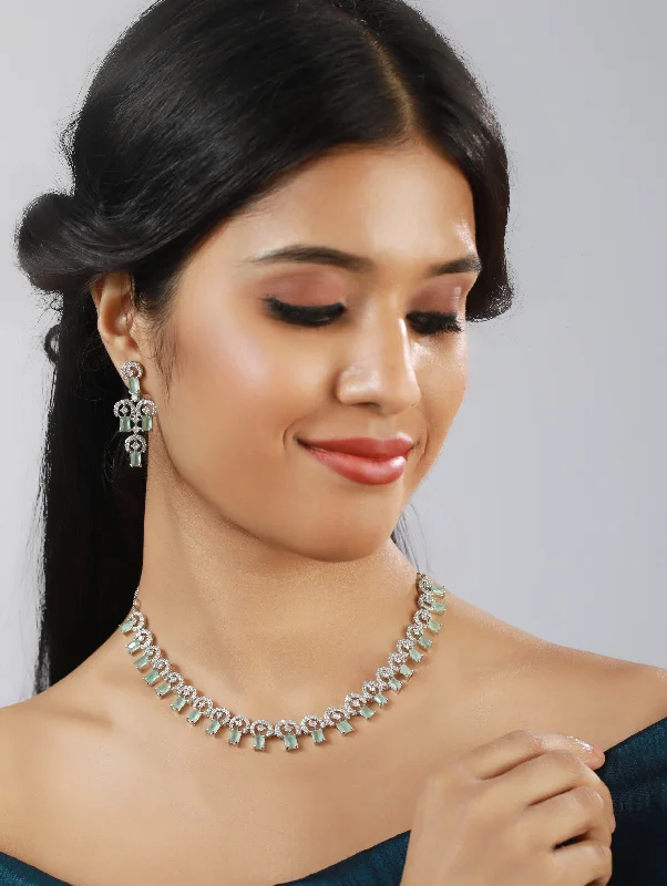 Women’s necklaces with aquamarine stones-Silver-Plated Cz Studded Pastel Green American Diamond Handcrafted Necklace Set