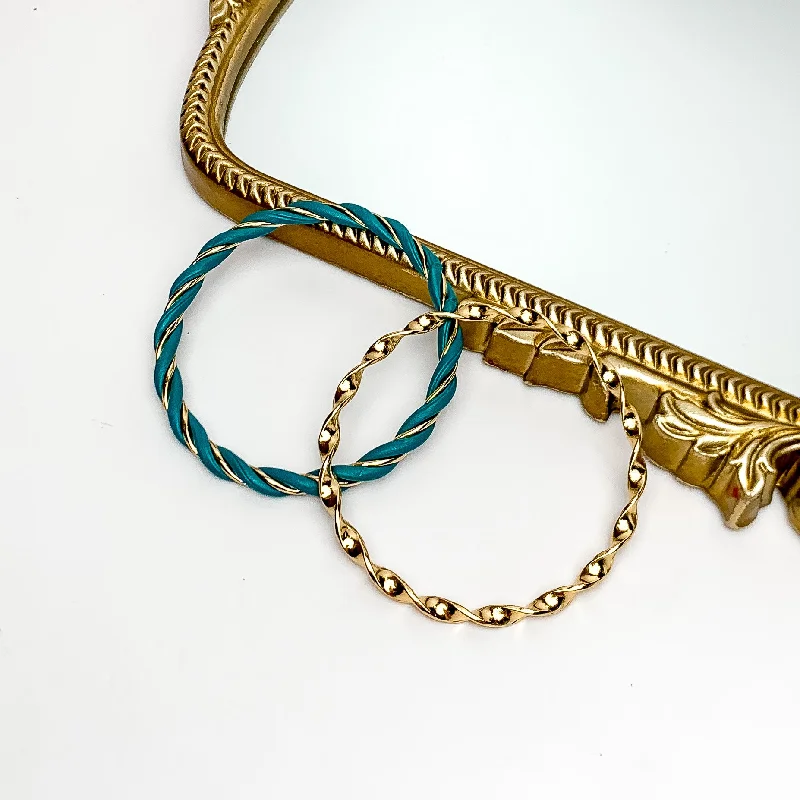 Women’s luxury bangles-Set of Two | Coastal Babe Gold Tone Bangle Set with Faux Leather Wrap in Teal Green