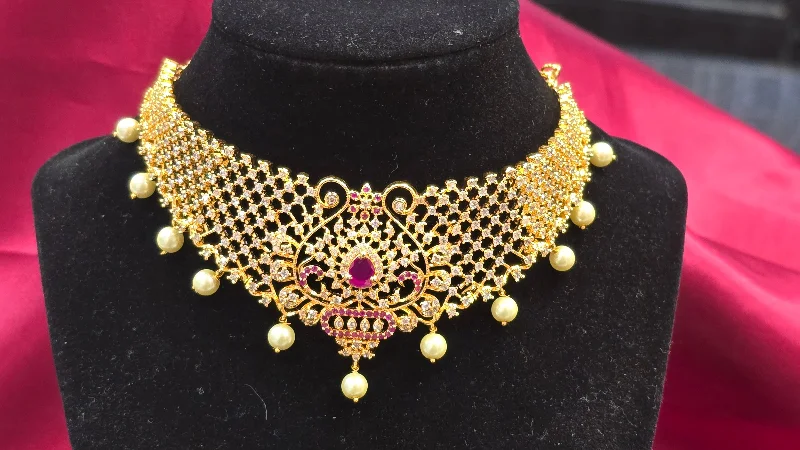 Women’s necklaces with pink sapphire stones-Beautiful Peacock Shaped Gold Plated Neck Piece