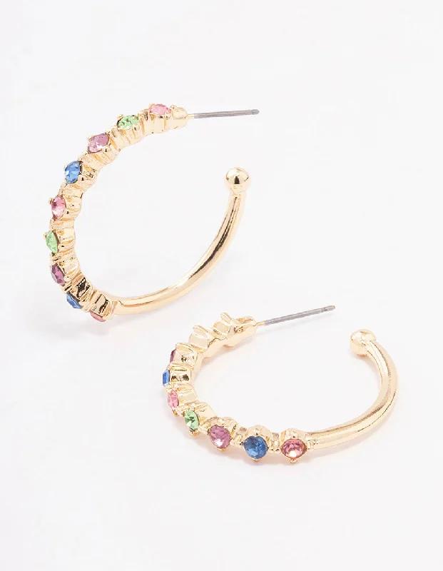 Women’s playful earrings-Gold Encased Round Diamante Hoop Earrings