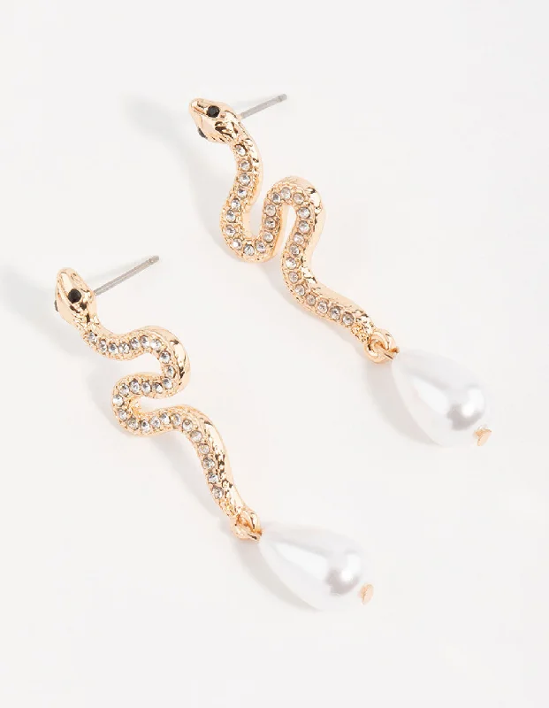 Women’s delicate gemstone earrings-Gold Diamante & Pearl Snake Drop Earrings