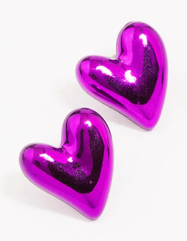 Women’s silver earrings-Purple Puffy Heart Stud Earrings