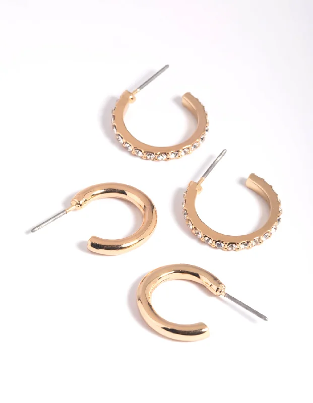 Women’s multi-colored earrings-Gold Diamante Huggie Hoop Earring Set