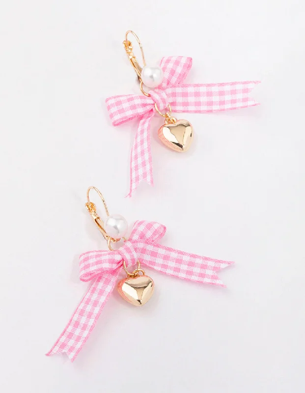 Elegant sapphire earrings for women-Pink Gingham Bow & Heart Drop Earrings