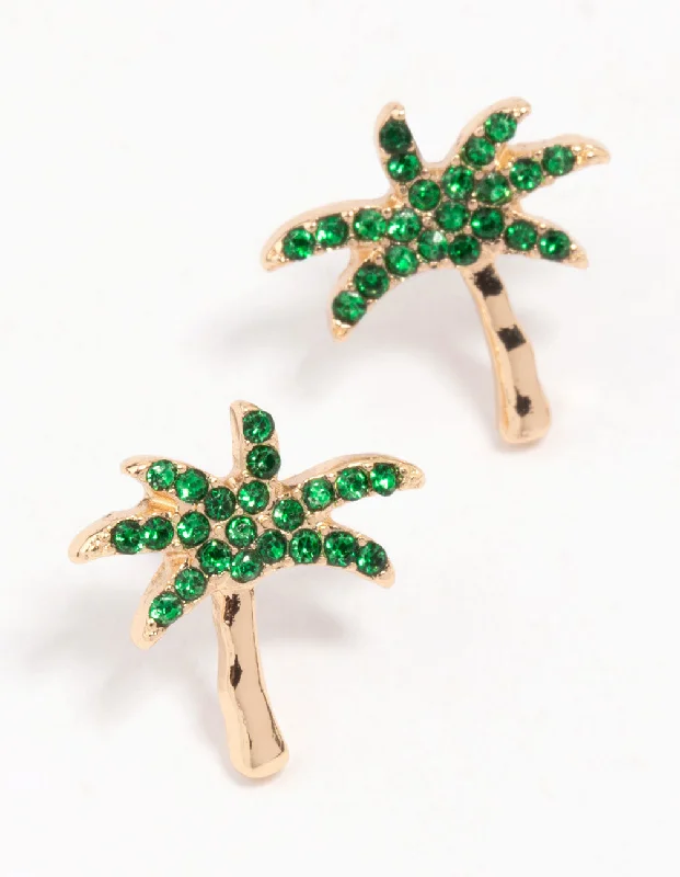 Elegant drop earrings for women-Gold & Green Palm Tree Stud Earrings