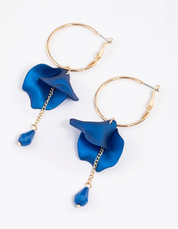 Women’s silver and gold earrings-Blue Petal & Chain Hoop Earrings