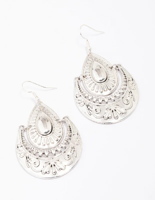 Women’s pearl earrings-Antique Silver Teardrop Medium Drop Earrings